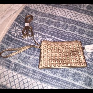 Goldish bronze metallic wristlet/ crossbody